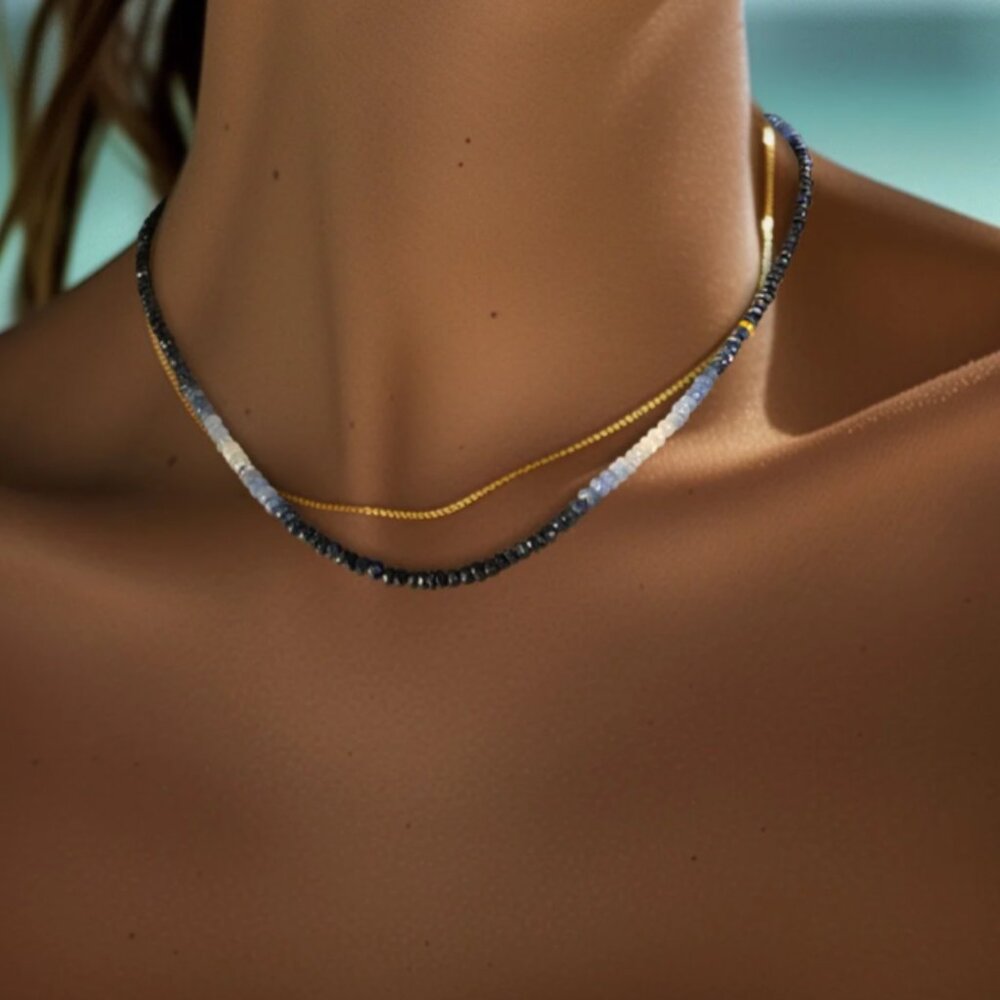 Ombre Sapphire Necklace + Bracelet Set Waterproof Gold Gemstone Jewelry Gift - Picture 10 of 15